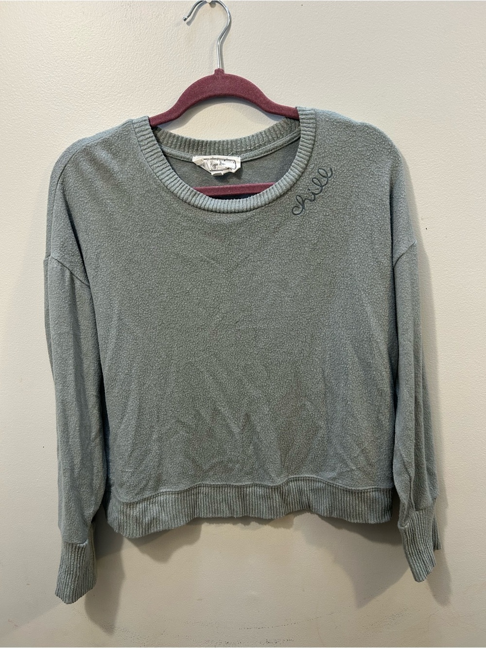 Cozy embroidered Chill Crewneck Sweatshirt in Sage - Women M
